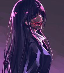 Rule 34 | 1girl, absurdres, commentary, glasgow smile, gradient background, highres, ishiyumi, kuchisake-onna (ishiyumi), long hair, looking at viewer, looking to the side, medium request, muted color, original, purple theme, red eyes, scarf, sidelocks, solo