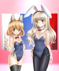 Rule 34 | 2girls, amelie planchard, animal ears, brown hair, fake animal ears, flag, french flag, glasses, green eyes, long hair, multiple girls, mushoku no hourousha, pantyhose, perrine h. clostermann, playboy bunny, rabbit ears, short hair, strike witches, thighhighs, world witches series, yellow eyes