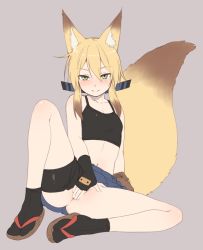 Rule 34 | 1girl, animal ears, bare shoulders, bike shorts, bike shorts pull, black gloves, blonde hair, breasts, brown hair, commentary request, covering privates, covering crotch, crop top, fingerless gloves, fox ears, fox girl, fox tail, full body, gloves, gradient hair, green eyes, grey background, hair between eyes, long hair, looking at viewer, midriff, multicolored hair, navel, no panties, original, pouch, sandals, seductive smile, short shorts, shorts, simple background, sitting, skirt, small breasts, smile, solo, spread legs, tabi, tail, tamakagura inari, tank top, yagi (ningen)