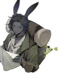 Rule 34 | 1boy, animal ears, backpack, bag, black hair, brown collar, coat, collar, collared shirt, colored skin, cropped torso, erenville, expressionless, feishui chizi, final fantasy, final fantasy xiv, frog, from above, green coat, grey skin, hands up, highres, holding, holding paper, looking to the side, male focus, paper, rabbit ears, shirt, short hair, sideways glance, simple background, solo, upper body, viera, white background, white shirt, yellow eyes