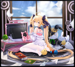 Rule 34 | 1girl, absurdly long hair, absurdres, ahoge, animal ear headphones, animal ears, ass, attilio regolo (azur lane), attilio regolo (castle of inspiration) (azur lane), azur lane, blonde hair, blue sky, blurry, blurry background, book, bow, camisole, cat ear headphones, chinese commentary, closed mouth, cloud, commentary request, criss-cross back-straps, crossed bangs, fake animal ears, feet, from behind, hair between eyes, hair bow, hair ornament, headphones, headphones removed, heart, heart-shaped pupils, heart ahoge, highres, indoors, iue (artist), keyboard (computer), legs, long hair, looking at viewer, manjuu (azur lane), messy room, mole, mole under eye, monitor, off shoulder, on ground, origami, panties, pantyhose, paper airplane, paper crane, pink camisole, pink eyes, plant, potted plant, purple bow, rabbit hair ornament, sidelocks, sitting, sky, smile, soles, solo, stuffed animal, stuffed rabbit, stuffed toy, symbol-shaped pupils, tablet pc, toes, twintails, underwear, very long hair, wariza, white panties, white pantyhose, yarn, yarn ball