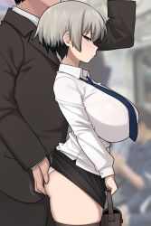 Rule 34 | 1boy, 1girl, alternate costume, ass, ass grab, bag, black hair, black skirt, blue eyes, blue necktie, blush, bra visible through clothes, breasts, chikan, closed mouth, clothes lift, cowboy shot, from side, grabbing another&#039;s ass, grey hair, groping, highres, holding hand grip, huge breasts, lifting another&#039;s clothes, long sleeves, molestation, multicolored hair, nago purin, necktie, office lady, profile, school bag, see-through, shirt, short hair, skirt, skirt lift, solo focus, thighhighs, train interior, two-tone hair, uzaki-chan wa asobitai!, uzaki hana, white shirt, zettai ryouiki