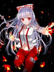 Rule 34 | 1girl, black background, bow, breasts, collared shirt, commentary request, fire, flaming hand, fujiwara no mokou, hair bow, long hair, long sleeves, looking at viewer, medium breasts, navel, ofuda, ofuda on clothes, pants, pyrokinesis, red pants, sakizaki saki-p, shirt, sidelocks, silver hair, simple background, smile, solo, standing, standing on one leg, stomach, suspenders, touhou, twitter username, white background, wing collar, wrist cuffs
