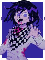 Rule 34 | 1boy, :d, a (poipiku 325815), black hair, bleeding, blood, blood from mouth, blood on clothes, blood on face, border, buttons, checkered clothes, checkered scarf, commentary request, danganronpa (series), danganronpa v3: killing harmony, hair between eyes, hand up, jacket, long sleeves, looking at viewer, male focus, oma kokichi, open mouth, purple background, purple eyes, scarf, short hair, smile, solo, straitjacket, sweatdrop, upper body, white border, white jacket