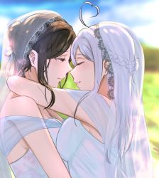 Rule 34 | 2girls, ahoge, alternate hairstyle, arm around neck, braid, bridal veil, brown eyes, brown hair, closed mouth, commentary request, crown braid, dress, closed eyes, face-to-face, facing another, female focus, from side, hair up, heart, heart ahoge, highres, long hair, looking at another, multiple girls, nijisanji, profile, shirayuki tomoe, sleeveless, sleeveless dress, smile, sukoya kana, tchai covsky, upper body, veil, virtual youtuber, wedding dress, white dress, white hair, wife and wife, yuri