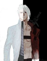 Rule 34 | 2boys, abs, bare pectorals, black background, blue coat, blue eyes, closed mouth, coat, collarbone, contrast, dante (devil may cry), devil may cry (series), devil may cry 3, ebaizhanjiding, hair between eyes, hair slicked back, highres, male focus, multiple boys, muscular, navel, parted lips, pectorals, red coat, siblings, simple background, sword, vergil (devil may cry), weapon, weapon on back, white background, white hair