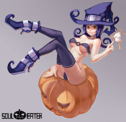 Rule 34 | 00s, 1girl, black thighhighs, blair (soul eater), boots, bra, breasts, cleavage, hat, high heel boots, high heels, highres, khan (celloo), magic, o-ring, o-ring top, orange eyes, panties, pumpkin, purple hair, sitting, smile, smoke, solo, soul eater, thighhighs, underwear, witch hat