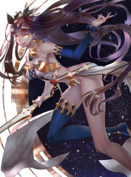 Rule 34 | 1girl, :d, asymmetrical clothes, bad id, bad pixiv id, bare shoulders, breasts, brown hair, cleavage, collarbone, detached sleeves, earrings, fate (series), hoop earrings, ishtar (fate), jewelry, leaning forward, long hair, looking at viewer, necklace, open mouth, otaota, single thighhigh, smile, solo, star (symbol), sword, thighhighs, tohsaka rin, weapon, yellow eyes