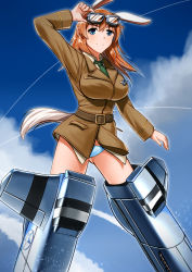 Rule 34 | 1girl, animal ears, blue eyes, blush, breasts, brown hair, charlotte e. yeager, cloud, cloudy sky, day, eyebrows, goggles, goggles on head, green necktie, highres, hiroshi (hunter-of-kct), large breasts, military, military uniform, necktie, panties, rabbit ears, rabbit girl, rabbit tail, shiny skin, sky, smile, solo, strike witches, striker unit, tail, underwear, uniform, white panties, world witches series