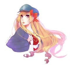 Rule 34 | 1girl, anchor symbol, artist name, blonde hair, bow, character request, closed mouth, fuwaffy, hair ribbon, hat, hat bow, highres, lips, long hair, looking at viewer, nose, portrait, red bow, red ribbon, ribbon, sailor hat, simple background, solo, teeth, translated, upper body, very long hair, white background