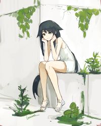 Rule 34 | 1girl, artist name, bare arms, bare legs, black hair, clenched hands, closed mouth, dress, green eyes, hair flaps, hands on own cheeks, hands on own face, lansane, long hair, plant, sandals, saya (saya no uta), saya no uta, shoes, sitting, smile, solo, very long hair, white dress, white footwear