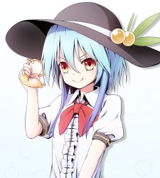 Rule 34 | &gt;:), 1girl, 40cabbage, alternate hair length, alternate hairstyle, ascot, blue hair, female focus, frog, hat, hinanawi tenshi, red eyes, short hair, solo, squeezing, touhou, v-shaped eyebrows