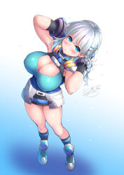 Rule 34 | 1girl, blue eyes, blush, braid, breasts, c.r., cleavage, cleavage cutout, clothing cutout, gloves, grey hair, hair ornament, hairclip, highres, large breasts, looking at viewer, seolla schweizer, short hair, side braid, solo, super robot wars, super robot wars original generation