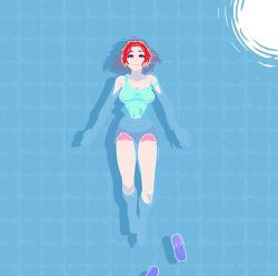 Rule 34 | 1girl, afloat, akairiot, aqua tank top, breasts, highres, large breasts, medium hair, midriff, original, outline, partially submerged, pink shorts, red hair, shadow, shorts, smile, solo, wet, white outline