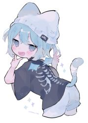 Rule 34 | 1girl, :d, @ @, animal ears, animal hat, artist name, beanie, black shirt, blue hair, blush, cat ears, cat girl, cat hat, cat tail, cotono (nazekun), cropped legs, diamond (shape), double v, from side, grey eyes, grey shorts, hair between eyes, hands up, hat, highres, looking at viewer, open mouth, original, sharp teeth, shirt, short hair, shorts, sidelocks, simple background, smile, solo, tail, teeth, upper teeth only, v, white background, white hat