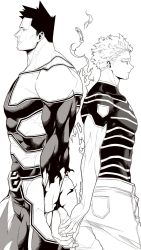 Rule 34 | 2boys, abs, back-to-back, beard, belt, belt buckle, bodysuit, bodysuit under clothes, boku no hero academia, buckle, burn scar, costume, endeavor (boku no hero academia), facial hair, facial mark, facial scar, feathers, fire, from side, goatee, greyscale, hawks (boku no hero academia), highres, hip bones, lineart, male focus, mature male, monochrome, multiple boys, muscular, muscular male, mustache, pectorals, scar, scar across eye, scar on cheek, scar on face, scar on mouth, short hair, sideburns, sidepec, size difference, skin tight, spiked hair, stubble, toned, toned male, yaoi