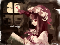 Rule 34 | 1girl, book, character name, crescent, crescent moon, dated, female focus, fuukadia (narcolepsy), hat, long hair, moon, patchouli knowledge, profile, purple hair, red eyes, solo, touhou, window
