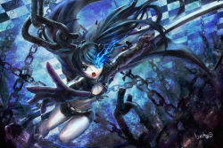Rule 34 | 10s, 1girl, artist name, bikini, bikini top only, black footwear, black gloves, black hair, black rock shooter, black rock shooter (character), black shorts, blue eyes, blue fire, boots, broken, broken chain, chain, checkered background, fire, gloves, glowing, glowing eye, highres, holding, holding sword, holding weapon, jacket, katana, long hair, lucky9, midriff, navel, open mouth, outstretched arms, pale skin, shoes, shorts, signature, solo, spread arms, swept bangs, swimsuit, sword, teeth, tongue, twintails, uneven twintails, unzipped, weapon, zipper