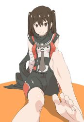 Rule 34 | 10s, 1girl, akitetsu, alternate costume, bad id, bad twitter id, bare legs, barefoot, brown eyes, brown hair, elbow gloves, feet, foot focus, foreshortening, gloves, highres, kantai collection, looking at viewer, multiple girls, necktie, sendai (kancolle), short hair, sitting, smile, soles, solo, spandex, toes, two side up