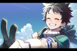 Rule 34 | 1boy, bad id, bad pixiv id, blue sky, boku no hero academia, closed eyes, cloud, commentary request, contrail, elbow gloves, freckles, freestyle18, gloves, green hair, grin, happy, hood, hood down, letterboxed, male focus, mask, mask around neck, unworn mask, midoriya izuku, outstretched arm, short hair, sky, smile, solo, sweat, teeth, v, white gloves