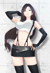 Rule 34 | 1girl, arm up, bare shoulders, belt, black footwear, black skirt, breasts, brown eyes, brown hair, closed mouth, commentary request, covered erect nipples, earrings, elbow gloves, final fantasy, final fantasy vii, final fantasy vii remake, fingerless gloves, fingernails, gloves, green322, hand on own hip, highres, jewelry, large breasts, lips, long hair, looking at viewer, low-tied long hair, midriff, miniskirt, navel, parted bangs, shadow, shiny clothes, simple background, skirt, sleeveless, smile, solo, stomach, suspender skirt, suspenders, tank top, thighhighs, tifa lockhart, white tank top, zettai ryouiki