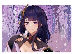 Rule 34 | 1girl, armor, bird, bird on hand, braid, breasts, bridal gauntlets, cleavage, closed mouth, commentary, english commentary, flower, genshin impact, hair ornament, highres, japanese clothes, kimono, large breasts, long hair, looking at viewer, mole, mole under eye, purple eyes, purple flower, purple hair, raiden shogun, ribbon, shoulder armor, smile, solo, tassel, yanti