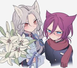 Rule 34 | 2boys, ahoge, animal ears, bad id, bad pixiv id, black jacket, blue eyes, blush, bouquet, closed mouth, cropped torso, crying, crying with eyes open, ensemble stars!, expressionless, flower, frown, glasses, grey hair, hair between eyes, highres, holding, holding bouquet, jacket, long hair, looking at another, male focus, meremero, multiple boys, purple hair, ran nagisa, red eyes, red scarf, sad, saegusa ibara, scarf, short hair, simple background, tears, upper body, white background, white lily, wolf ears
