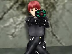 Rule 34 | 00s, 1girl, 3d, against wall, aiming, animated, animated gif, black bodysuit, body slam, bodysuit, bouncing breasts, breasts, breathing, brown eyes, female focus, floor, gantz, gantz: the game, gantz suit, grate, gun, holding, holding gun, holding weapon, indoors, jiggle, kishimoto kei, konami, large breasts, on floor, red hair, shadow, shiny clothes, short hair, sitting, skin tight, solo, violence, wall, weapon, wide-eyed, x-gun