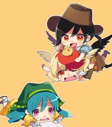Rule 34 | 3girls, animal, animal on head, bad id, bad twitter id, bandana, bird, bird on head, black hair, black wings, blonde hair, blue hair, blue shirt, boots, brown footwear, brown headwear, brown skirt, chibi, chick, commentary request, cowboy boots, cowboy hat, drawing, dress, feathered wings, feet up, frills, girl on top, green headwear, haniyasushin keiki, hat, head scarf, highres, holding, kurokoma saki, long hair, lying, multicolored hair, multiple girls, niwatari kutaka, on ground, on head, on stomach, open mouth, orange skirt, outstretched arms, pink eyes, pleated skirt, ponytail, red eyes, red hair, sandals, satoupote, shirt, skirt, smile, sweatdrop, touhou, wavy mouth, white shirt, wings, yellow dress