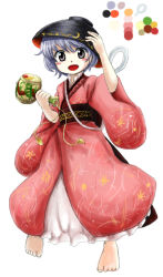 Rule 34 | 1girl, barefoot, bowl, bowl hat, floral print, full body, grey eyes, hammer, hand on headwear, hat, huyusilver, japanese clothes, kimono, long sleeves, looking at viewer, miracle mallet, obi, official style, open mouth, parody, purple hair, sash, simple background, smile, solo, style parody, sukuna shinmyoumaru, touhou, white background, wide sleeves, zun (style)