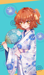 Rule 34 | 1girl, :d, alternate costume, baocaizi, blush, brown eyes, brown hair, fate/grand order, fate (series), floral print, fujimaru ritsuka (female), hair between eyes, hair ornament, hand fan, hand up, highres, holding, holding fan, japanese clothes, kimono, long sleeves, looking at viewer, obi, one side up, open mouth, paper fan, print kimono, sash, smile, solo, white kimono, wide sleeves
