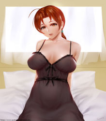 Rule 34 | 1girl, arms behind back, bare shoulders, bed, black nightgown, breasts, brown eyes, brown hair, creatures (company), delia ketchum, easonx, game freak, large breasts, lingerie, looking at viewer, mature female, nightgown, nintendo, parted lips, pokemon, pokemon (anime), pokemon (classic anime), sitting, solo, underwear