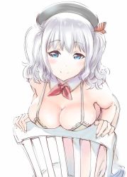 Rule 34 | 1girl, blue eyes, breasts, character request, cleavage, closed mouth, large breasts, looking at viewer, medium breasts, medium hair, silver hair, simple background, smile, solo, ueyama michirou, wavy hair, white background