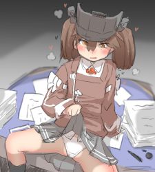 Rule 34 | 1girl, blush, brown eyes, brown hair, clothes lift, desk, hat, heart, heavy breathing, highres, japanese clothes, kantai collection, lifted by self, long hair, long sleeves, magatama, namakura neo, open mouth, panties, paper, pleated skirt, ryuujou (kancolle), skirt, skirt lift, solo, spread legs, twintails, underwear, visor cap, white panties