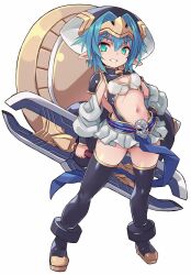 Rule 34 | 1girl, black footwear, black headwear, black thighhighs, blue hair, boots, breasts, commentary request, full body, green eyes, grin, hair between eyes, hair intakes, hellmatio, holding, holding weapon, karukan (monjya), long sleeves, looking at viewer, navel, pleated skirt, puffy long sleeves, puffy sleeves, shinrabanshou, short eyebrows, simple background, skirt, skull, small breasts, smile, solo, standing, thick eyebrows, thighhighs, weapon, white background, white headwear, white skirt