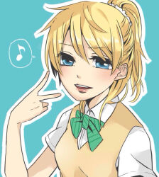 Rule 34 | 1girl, ayase eli, blonde hair, blue background, blue eyes, blush, bow, bowtie, brown sweater vest, collared shirt, commentary request, dress shirt, green bow, green bowtie, hair between eyes, kashikaze, looking at viewer, love live!, love live! school idol project, medium hair, musical note, open mouth, otonokizaka school uniform, outline, ponytail, school uniform, shirt, short sleeves, simple background, solo, spoken musical note, striped bow, striped bowtie, striped clothes, sweater vest, teeth, upper body, upper teeth only, v, white outline, white shirt