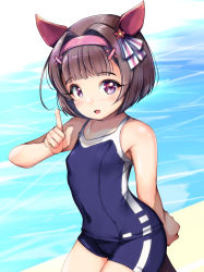 Rule 34 | 1girl, animal ears, black hair, blue one-piece swimsuit, blue school swimsuit, blunt bangs, bob cut, commentary request, cowboy shot, ear covers, hair ornament, hairband, highres, horse ears, horse girl, horse tail, index finger raised, nishino flower (umamusume), nontraditional school swimsuit, one-piece swimsuit, pink hairband, purple eyes, school swimsuit, short hair, single ear cover, solo, swimsuit, tail, tracen swimsuit, umamusume, water, x hair ornament, yashin (yasinz)