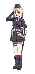 Rule 34 | 1girl, armband, black footwear, black gloves, black hat, blonde hair, blush, boots, brown eyes, commission, full body, garrison cap, girls&#039; frontline, gloves, gun, gun on back, gun sling, hat, highres, holding, karepack, lapels, long sleeves, looking at viewer, military, military hat, military uniform, mp40, mp40 (girls&#039; frontline), necktie, non-web source, notched lapels, open mouth, red armband, red socks, ribbed socks, saber (weapon), salute, sheath, sheathed, shirt, short hair, simple background, smile, socks, solo, standing, submachine gun, sword, tachi-e, thigh strap, transparent background, uniform, weapon, weapon on back