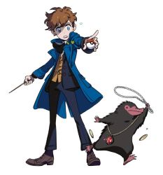 Rule 34 | 1boy, blue coat, blue eyes, boots, bow, bowtie, coat, coin, creatures (company), fantastic beasts and where to find them, freckles, game freak, harry potter (series), holding, holding poke ball, jewelry, male focus, necklace, newt scamander, niffler, nintendo, open mouth, parody, pearl necklace, pointing, poke ball, poke ball (basic), pokemon, rem (tsulala), simple background, style parody, wand, white background, wizarding world