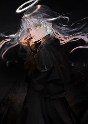 Rule 34 | 1girl, black gloves, cigarette, coat, commentary request, embers, floating hair, gawako, gloves, hair between eyes, halo, hand up, highres, long hair, long sleeves, making-of available, original, pale skin, smoking, solo, white hair, yellow eyes
