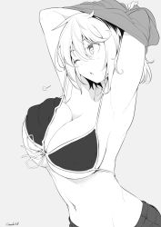 Rule 34 | 1girl, armpits, arms up, bikini, breasts, greyscale, hair between eyes, kichihachi, large breasts, monochrome, navel, one eye closed, original, parted lips, short hair, shorts, solo, swimsuit, undressing, upper body