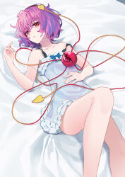 Rule 34 | 1girl, absurdres, ailu elf, ass, bed sheet, black hairband, blush, chinese commentary, closed mouth, collarbone, dress, eyeball, feet out of frame, frilled dress, frills, hair between eyes, hair ornament, hairband, heart, heart hair ornament, highres, komeiji satori, looking at viewer, lying, on back, pink eyes, pink hair, short hair, sleeveless, sleeveless dress, solo, third eye, touhou, white dress