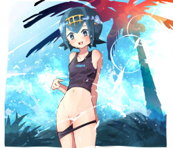 Rule 34 | 1girl, arm behind back, bare shoulders, bikini, bikini bottom only, black bikini, black shirt, blue eyes, blue hair, blue sky, blush, border, bright pupils, collarbone, convenient censoring, cowboy shot, creatures (company), crop top, day, female focus, game freak, hairband, hand up, happy, lana (pokemon), lens flare, matching hair/eyes, navel, nintendo, open mouth, outdoors, outside border, palm tree, pokeeti, pokemon, pokemon sm, pulled by self, pussy, pussy juice, revision, shirt, short hair, sidelocks, sky, sleeveless, sleeveless shirt, smile, solo, splashing, standing, stomach, swimsuit, teeth, tree, water, white border, white pupils, yellow hairband