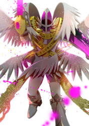 Rule 34 | angel, angel wings, armor, armored boots, backlighting, belt, boots, covered eyes, digimon, digimon (creature), feathered wings, feathers, helmet, holyangemon, knight, multiple wings, no humans, solo, weapon, white wings, wings, winni