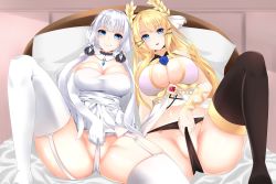 Rule 34 | 2girls, azur lane, bare shoulders, blonde hair, blue eyes, blue flower, breasts, brown legwear, center opening, chain, chain, cleavage, dress, elbow gloves, flower, garter straps, gloves, gold chain, gold trim, hair ornament, highres, illustrious (azur lane), indoors, keishi surota, large breasts, laurel crown, long hair, looking at viewer, lying, multiple girls, on back, on bed, pillow, thighhighs, thighs, victorious (azur lane), wedgie, white dress, white hair, white legwear