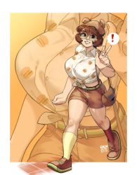Rule 34 | !, 1girl, animal ear headwear, animal ears, bear ears, belt, border, breasts, brown footwear, brown hair, brown headwear, brown shorts, clenched hand, collared shirt, commentary, dated, fake animal ears, glasses, green belt, highres, large breasts, original, outside border, parted lips, print shirt, shirt, shorts, smile, snowcie, snowciel, solo, speech bubble, spoken exclamation mark, symbol-only commentary, tied shirt, v, walking, white border, zoom layer