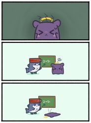 Rule 34 | &gt; &lt;, 2others, 3koma, :&lt;, absurdres, bloop (gawr gura), chalkboard, chibi, comic, commentary, english commentary, faceplant, fins, fish tail, halo, hat, head steam, highres, hololive, hololive english, looking down, math, mpien, multiple others, octopus, polearm, shark, shark tail, silent comic, spiral, sweat, tail, takodachi (ninomae ina&#039;nis), trident, virtual youtuber, weapon