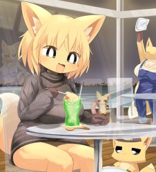 Rule 34 | 2boys, 3girls, :3, animal ears, black eyes, black sweater, blonde hair, breasts, bright pupils, cafe, cherry, city, cleaning, cleaning windows, closed eyes, closed mouth, colored skin, commentary request, drinking straw, feet out of frame, food, fox boy, fox ears, fox girl, fox tail, fruit, furry, furry female, highres, holding, holding rag, holding spoon, holding swim ring, horizon, ice cream, innertube, large breasts, lets0020, medium bangs, medium hair, melon soda, multiple boys, multiple girls, ocean, open mouth, original, pink innertube, restaurant, short hair, sitting, size difference, smile, spoon, sports bra, standing, sweater, swim ring, table, tail, white pupils, white sports bra, window, yellow skin