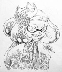Rule 34 | 1girl, alternate costume, cross-shaped pupils, greyscale, hair ornament, hands up, inkling, isamu-ki (yuuki), japanese clothes, kimono, long sleeves, looking at viewer, medium hair, mole, mole under mouth, monochrome, nintendo, obi, open mouth, pearl (splatoon), sash, simple background, sleeves past fingers, sleeves past wrists, solo, splatoon (series), suction cups, symbol-shaped pupils, teeth, tentacle hair, traditional media, v-shaped eyebrows, white background, wide sleeves