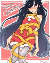 Rule 34 | 10s, 1girl, bare shoulders, black hair, blush, christmas, hair over one eye, hair ribbon, hayashimo (kancolle), kantai collection, knees together feet apart, long hair, looking at viewer, merry christmas, pantyhose, purple eyes, purple pantyhose, ribbon, ru2n131, santa costume, solo, sweat, twitter username, very long hair, wrapped up, yellow ribbon